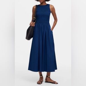 Madewell Melodie Blue Smocked High Neck Midi Dress Size Small Petite